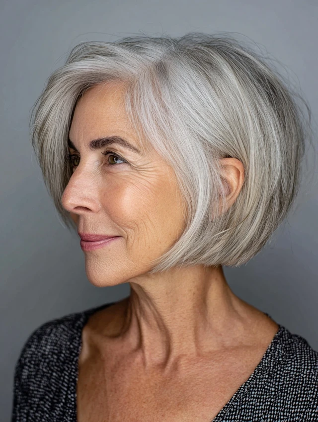 Chin length gray bob haircut with soft layers