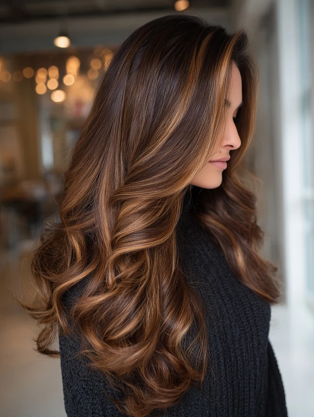 Dark Brown with Caramel Balayage — winter hair color idea for brown eyes