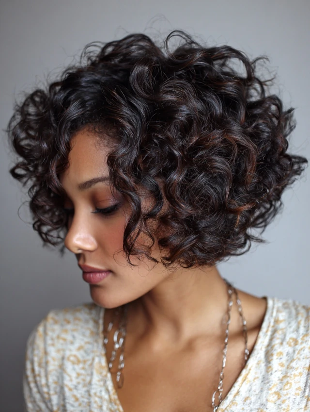 Curly bob with defined ringlets at chin length