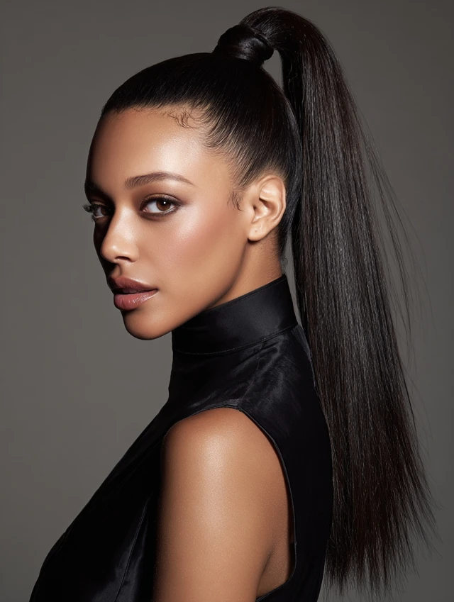 Dark hair slicked into a sleek high ponytail with a polished crown
