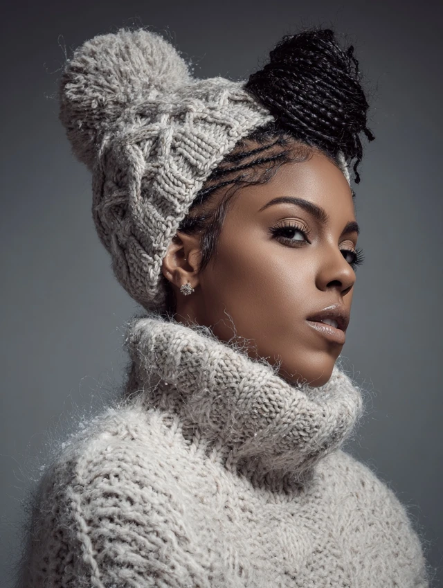 Woman in a gray pom beanie with cornrows styled into a braided top knot