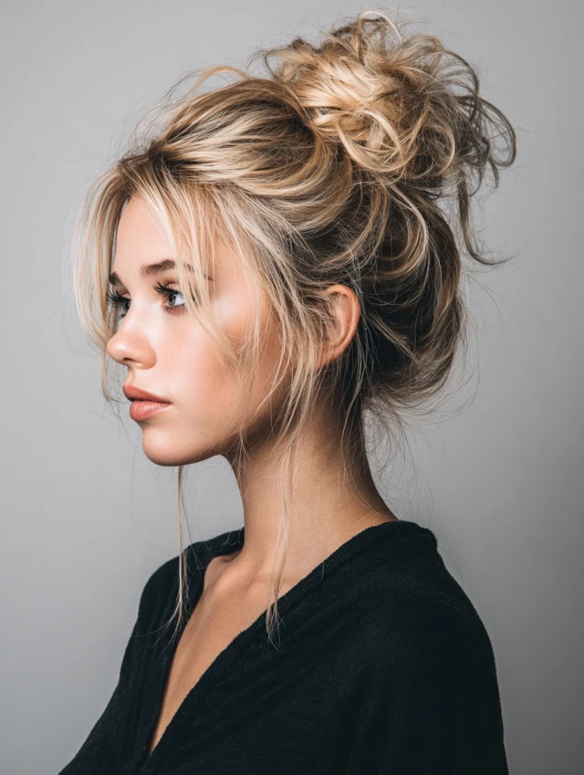 Blonde hair piled into a high messy bun with wispy face-framing strands