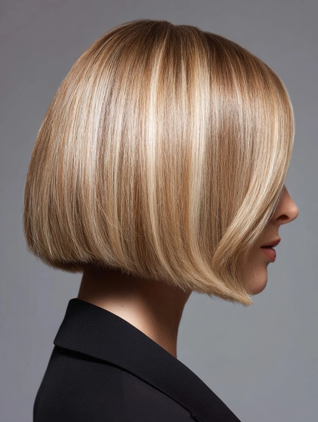 Blunt bob in bright blonde with golden lowlights