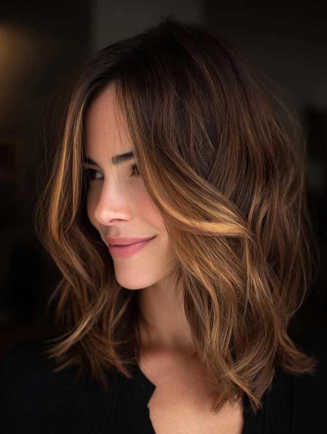Textured lob with toffee balayage over brunette and soft waves