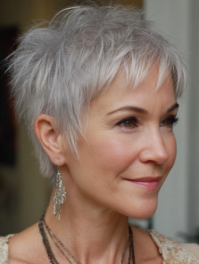 Tapered gray pixie haircut with short fringe