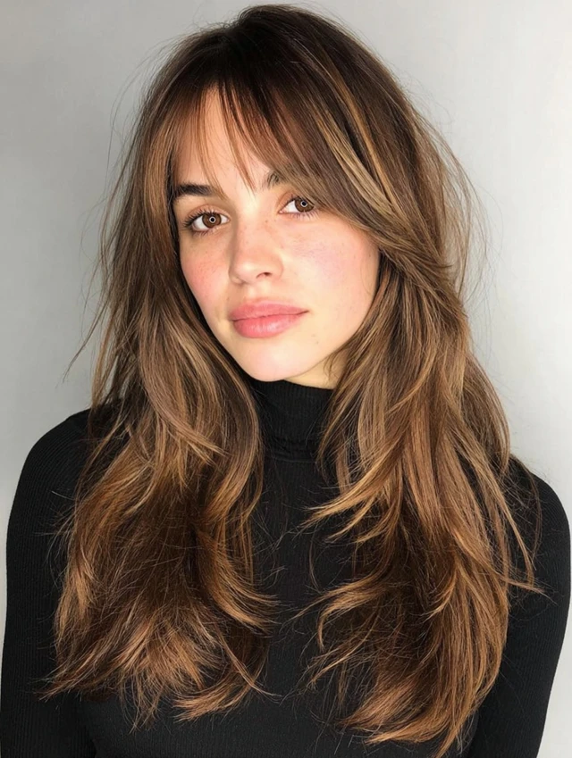 Long layered hair with curtain bangs
