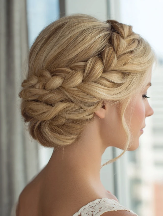 A dutch braid wrapped around the crown of the head, its edges gently pulled loose for fullness