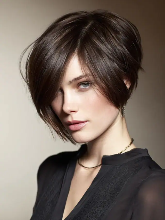 Glossy dark brown pixie haircut