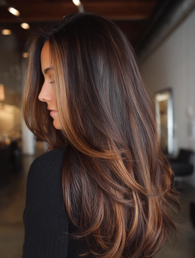 Long espresso brown hair with caramel balayage and face-framing highlights