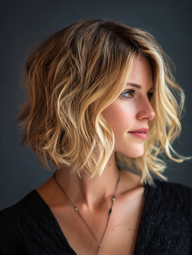 Champagne blonde wavy lob haircut