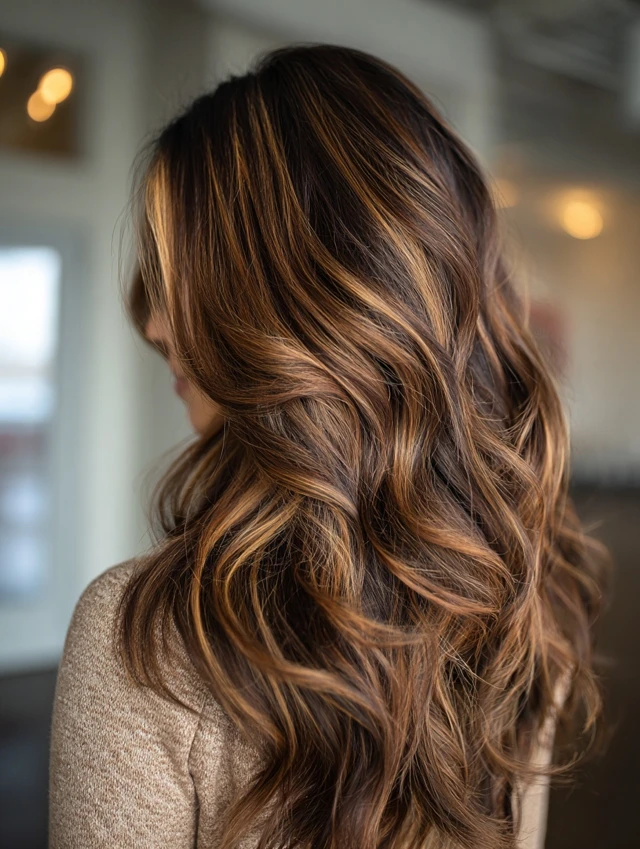 Chunky golden highlights on rich brunette hair