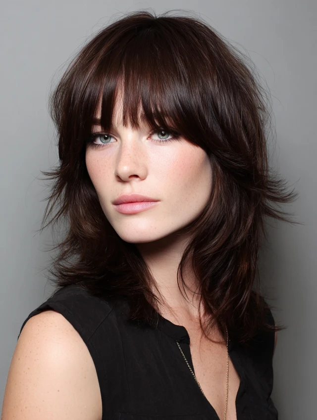 Midi layered haircut with piecey separated bangs
