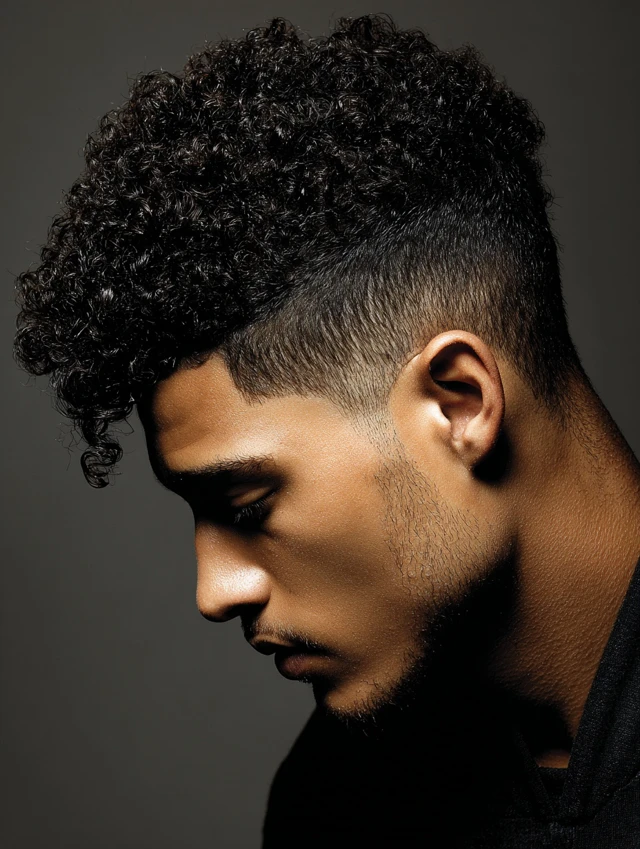 Man with a short curly top and tapered sides