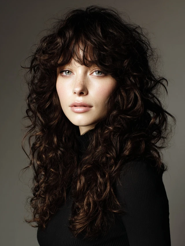Curly shag haircut with full curly bangs