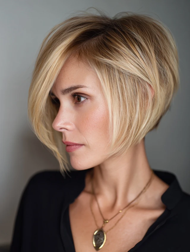 Blonde stacked bob with a graduated nape and longer front pieces