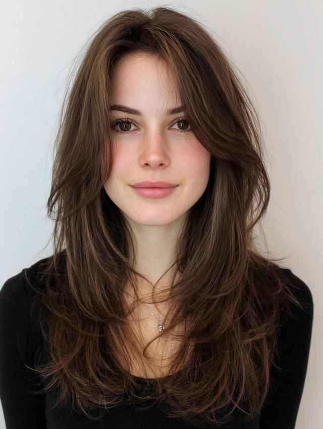 Brunette lob with curtain bangs and long soft layers