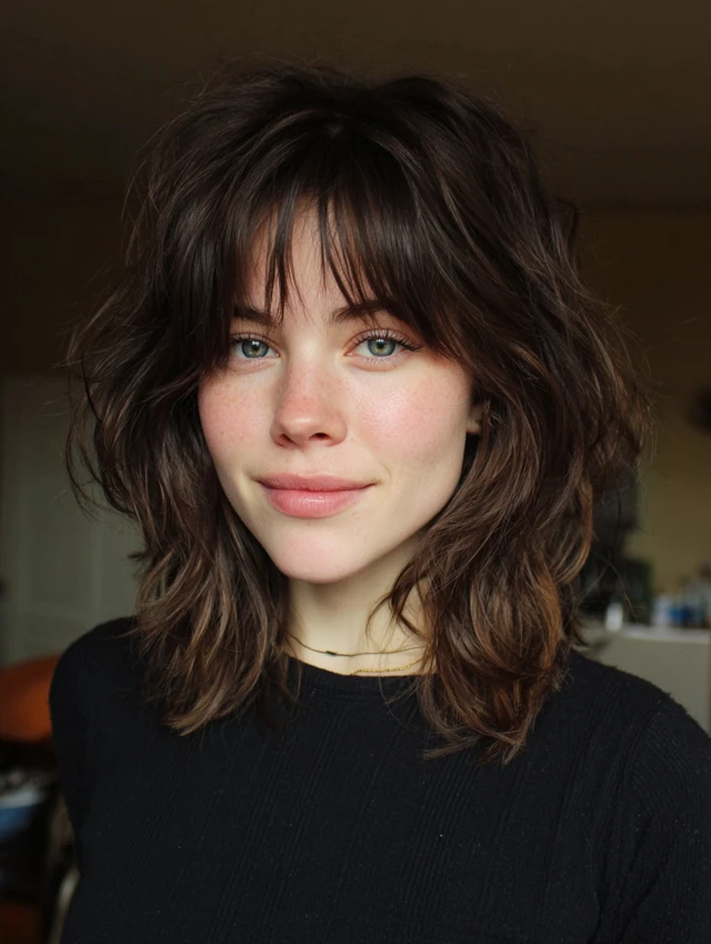 Medium-length soft shag haircut with wispy bangs