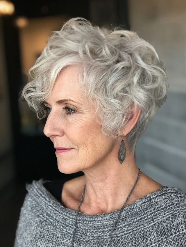 Short curly gray crop on an older woman