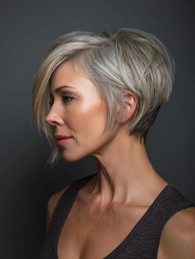 Cropped silver gray pixie haircut with soft textured finish