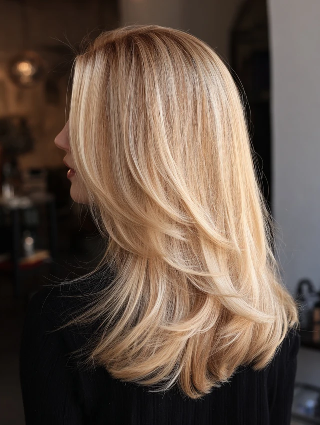 Back view of golden blonde long layered hair with textured ends and highlights
