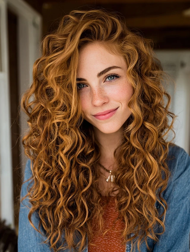 Defined curly ringlets in a glowing copper auburn hair color