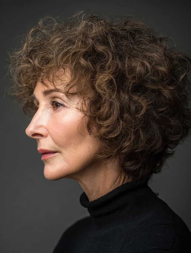Voluminous curly brown bob on an older woman