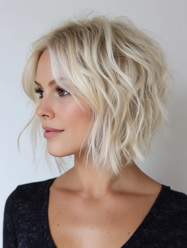 Blonde tousled wavy bob with textured ends