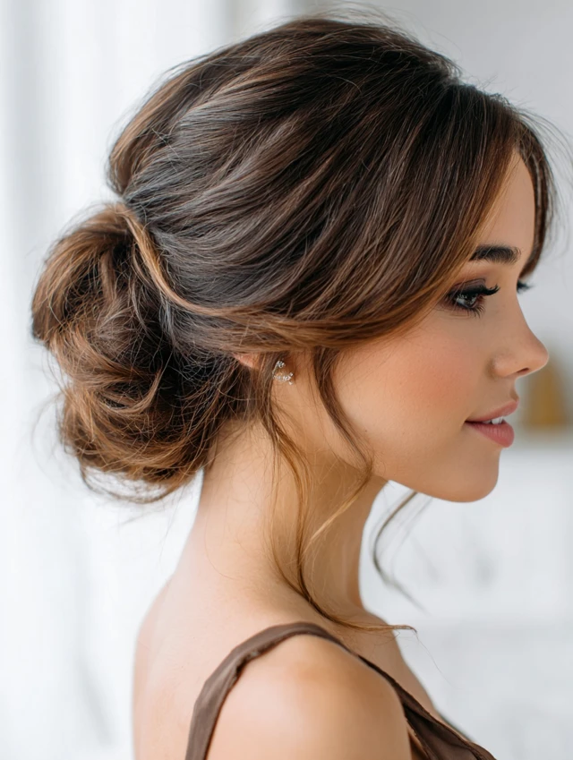 Textured low messy bun with loose face-framing tendrils and caramel highlights