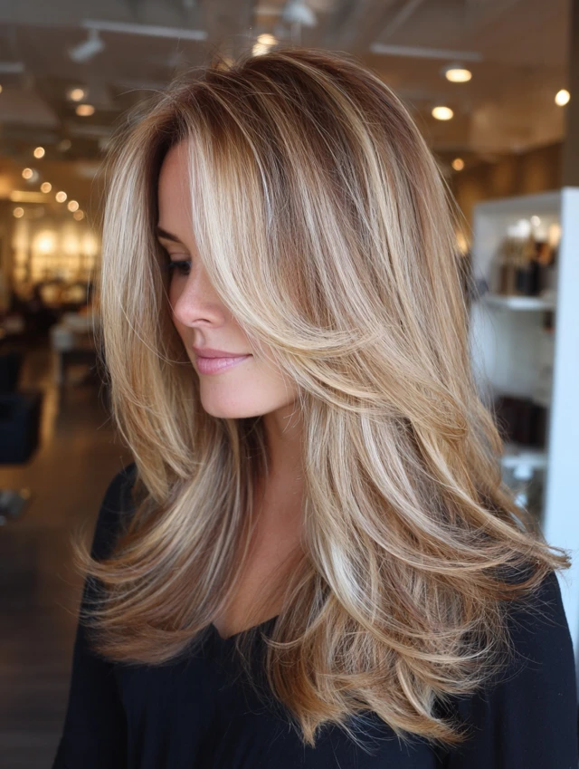 Champagne blonde balayage on long layered hair