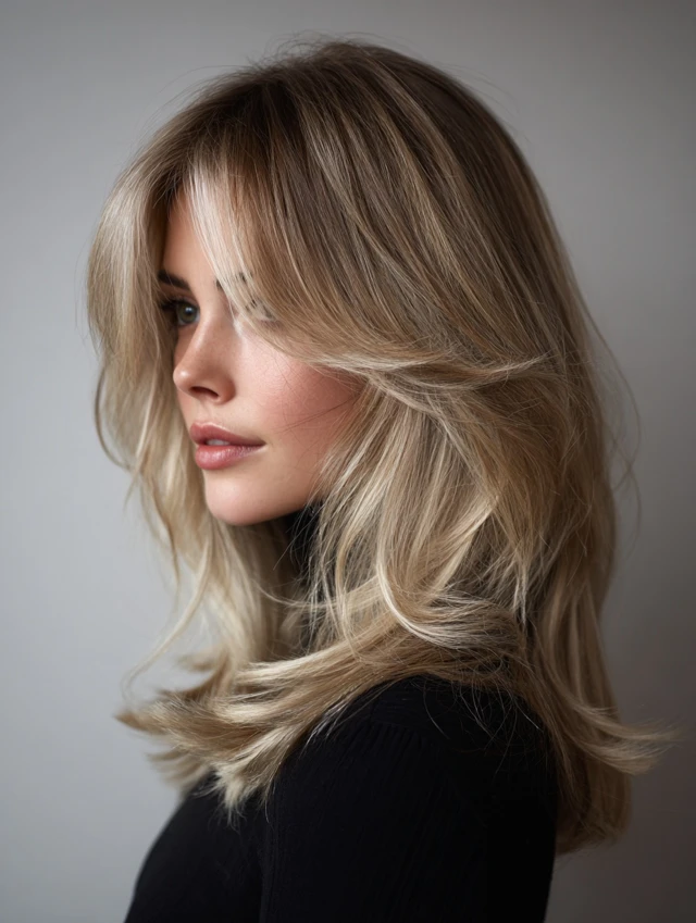 Woman with a blonde layered lob haircut and feathered curtain bangs