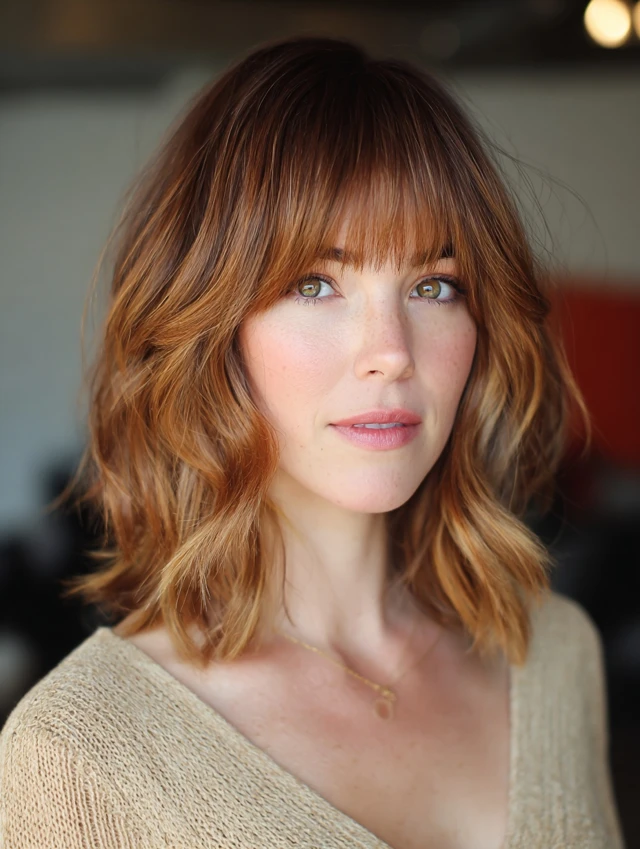 Warm auburn wavy lob with full bangs, front view