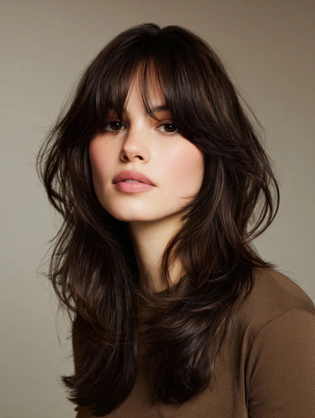 Long shag haircut with wispy bangs and feathered layers