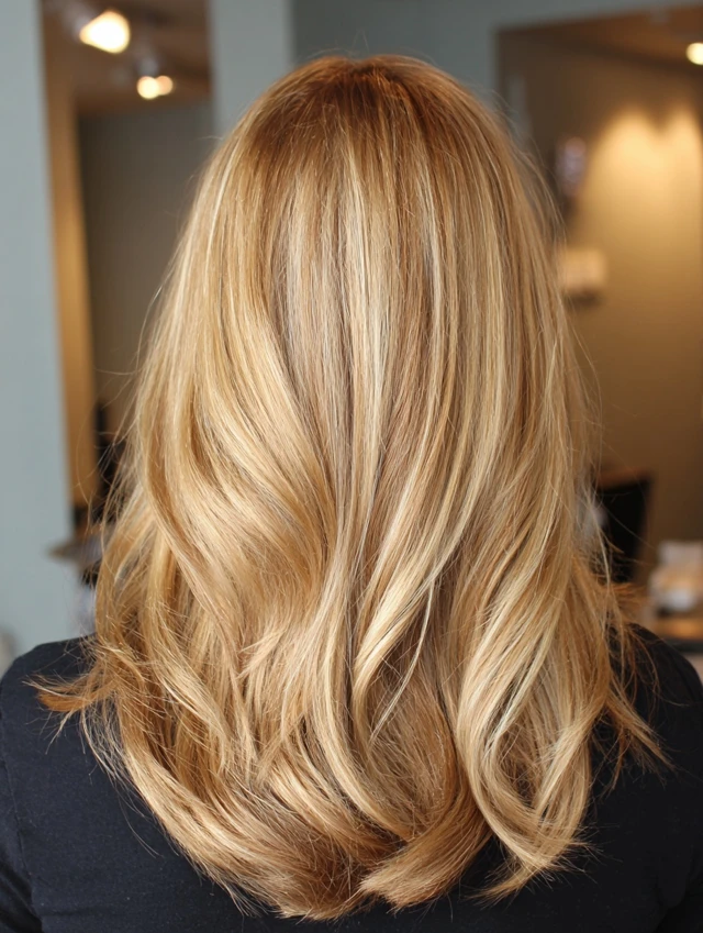 Honey blonde hair with darker lowlights adding depth
