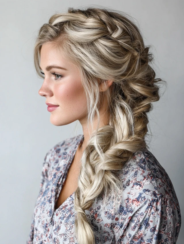 A loose, lived-in braid with pulled-out pieces and soft flyaways