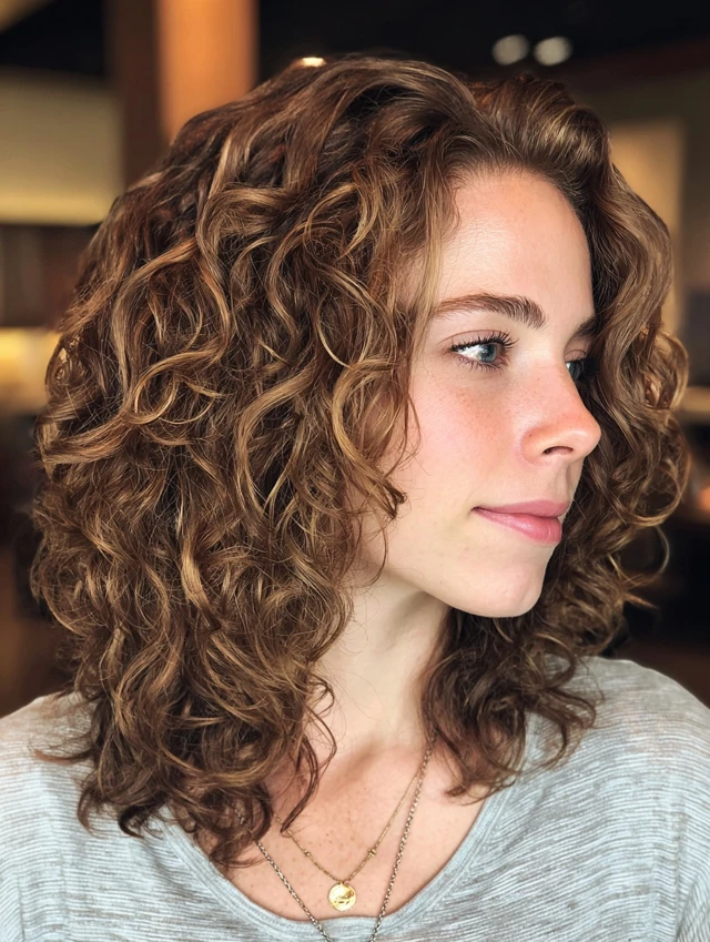 Shoulder length curly haircut with soft layers