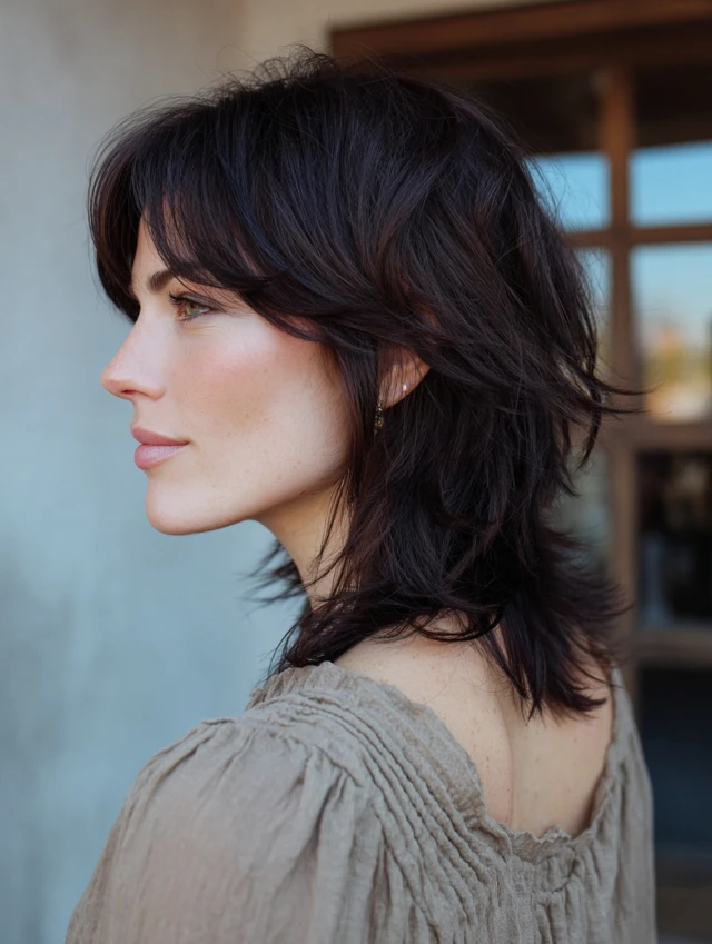 Dark wavy wolf cut with wispy bangs