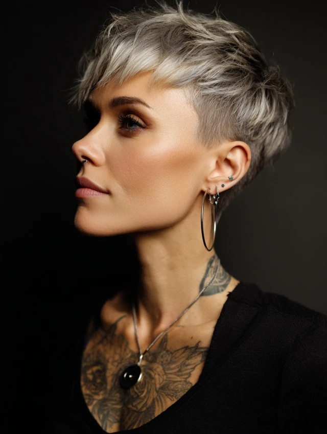 Edgy gray undercut pixie with bold texture on top