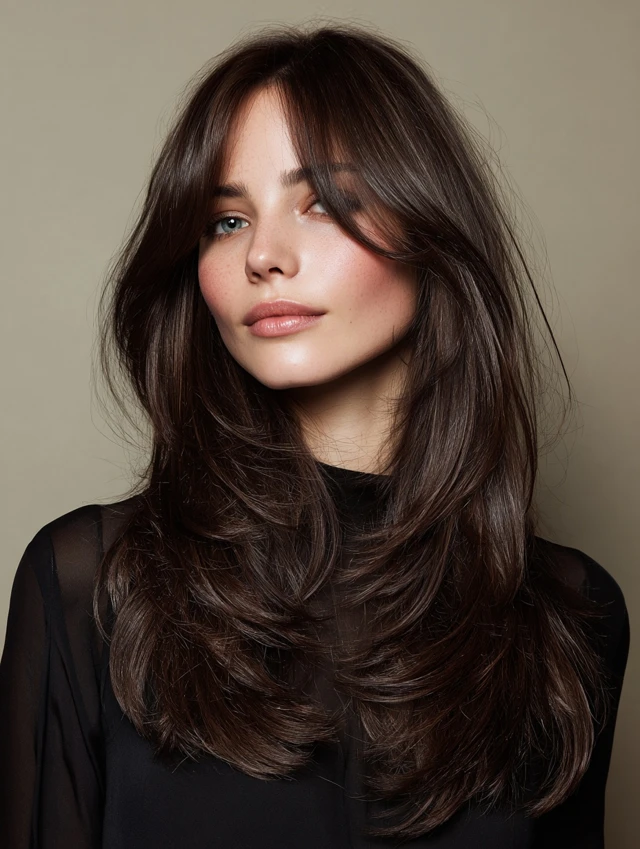 Dark chocolate brown long hair with curtain bangs