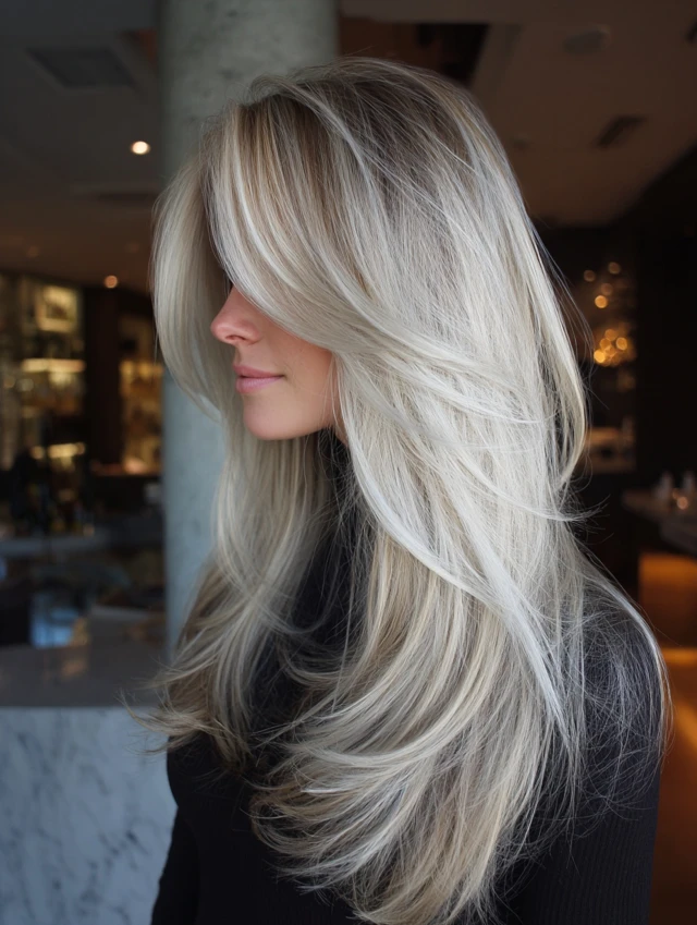 Platinum blonde long layered hair with curtain bangs