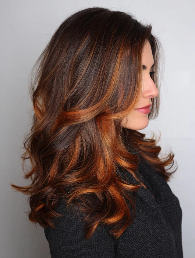Copper highlights on dark brown hair