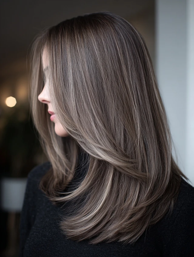 A woman with long ash-brown feathered layers