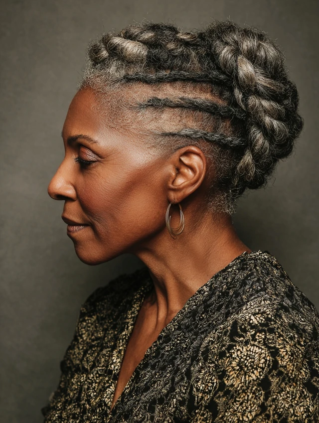 Frosty gray braided crown hairstyle