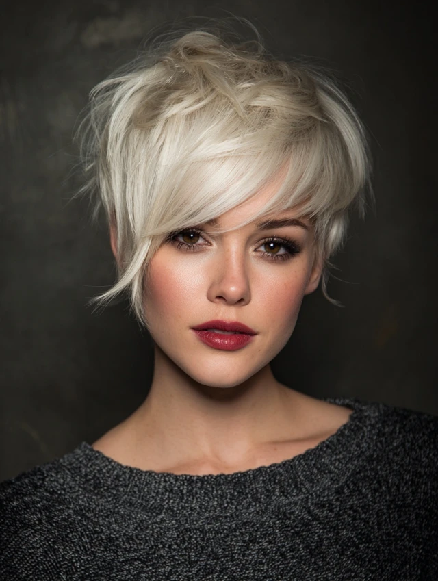 Asymmetrical platinum blonde pixie with long side-swept bangs