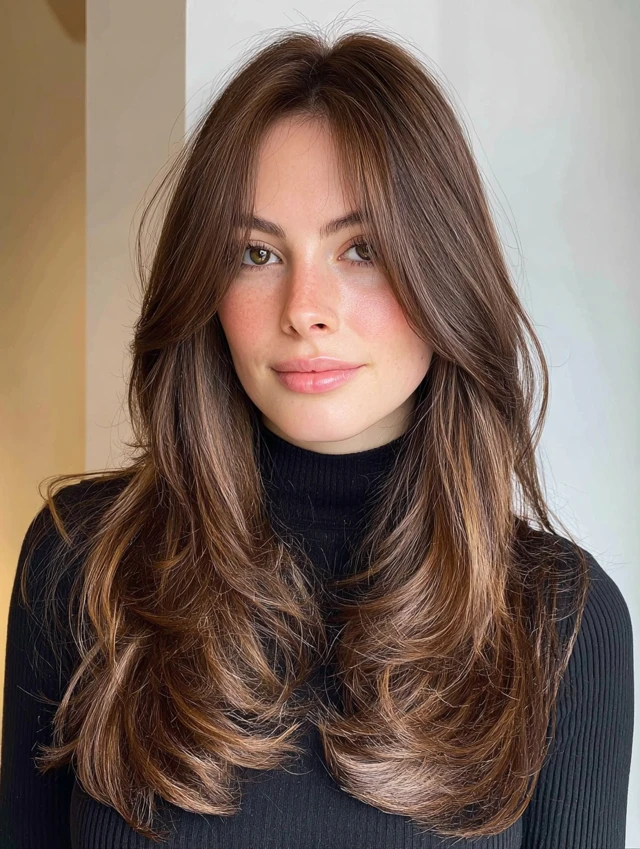 Espresso brown long layered hair with curtain fringe