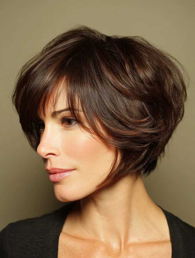 Brunette textured bob with piece-y layers and a wispy fringe