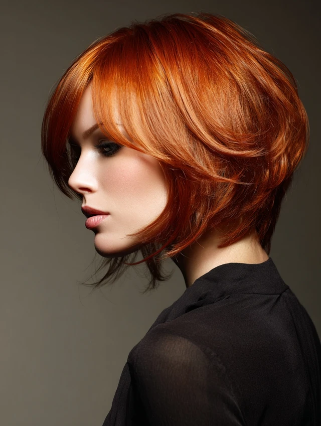 Shaggy layered bob with tousled texture on copper hair
