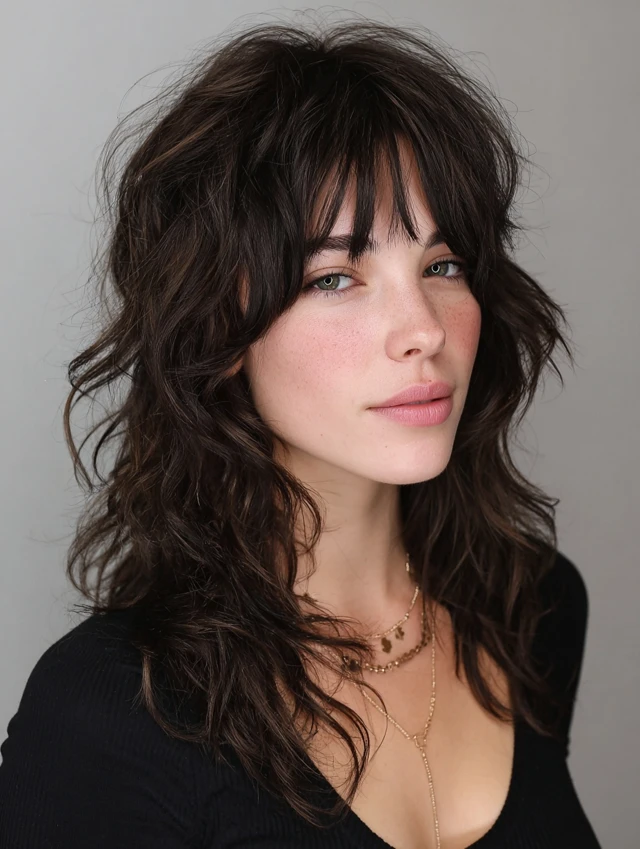 Medium dark wavy shag with wispy bangs