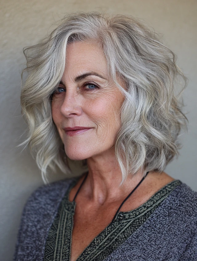 Older woman with long silver hair in layers with face-framing pieces