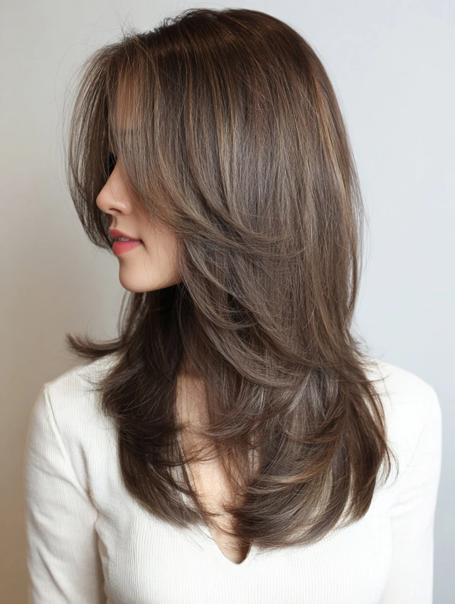 Layered ash brown hair with feathered face-framing layers