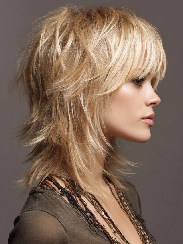 Blonde shaggy medium-length cut with choppy layers and bangs